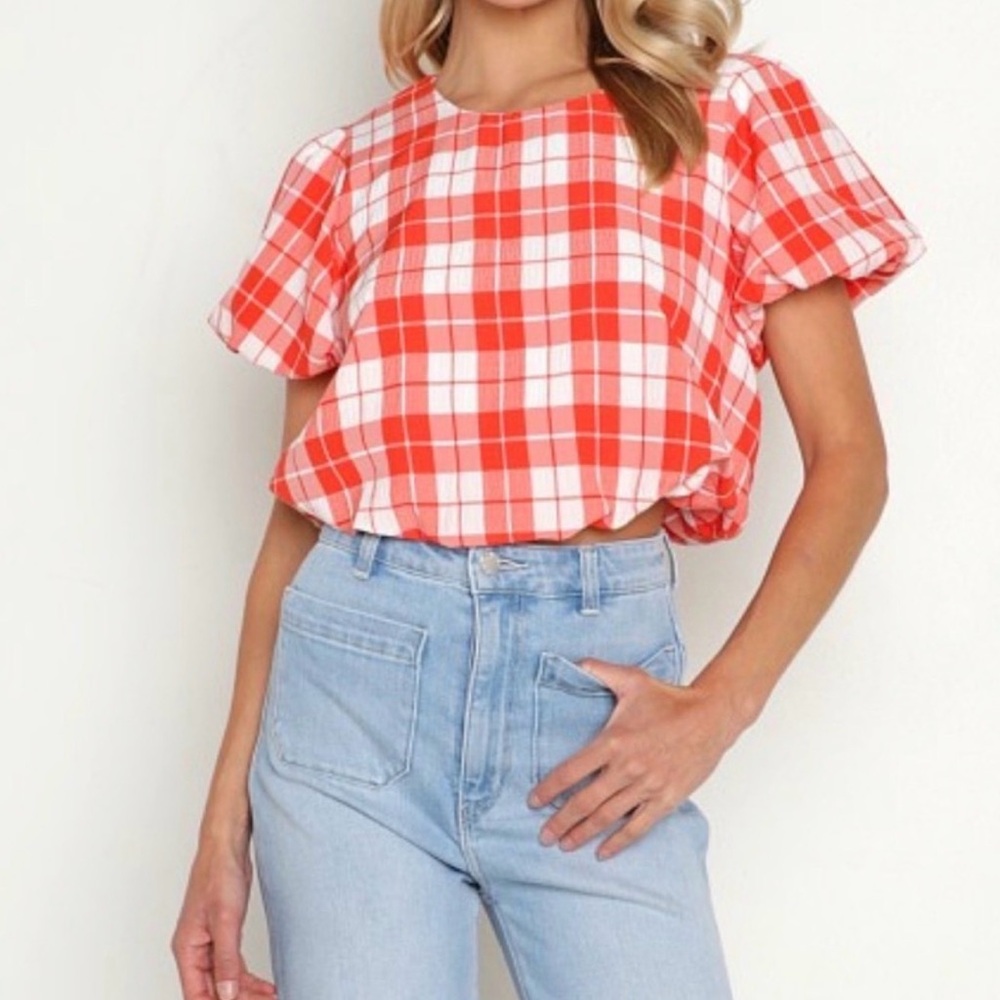show me your Mumu  red & white plaid puff sleeve top shirt XS XSmall